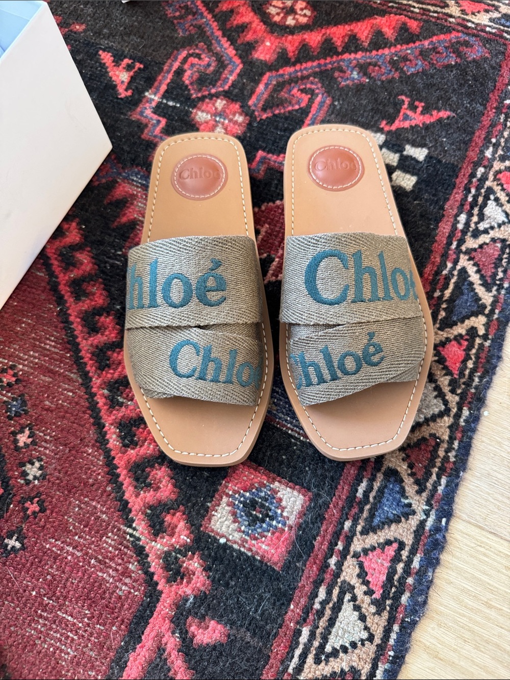 Chloe Woody Woven Slide Sandals - Olive green with dark green logo - Picture 4 of 14